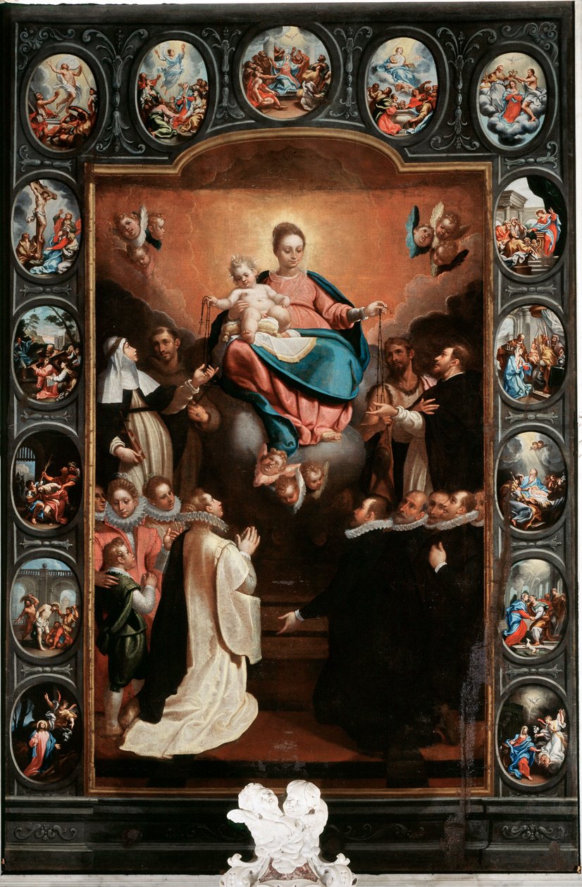 Jomfru med barn og rosenkransens mysterier - Maleri af Bernardo Castello (1557-1629) (i midten) og Paolo Gerolamo Piola (1666-1724) Santa Margherita Ligure, Santa Margherita-kirken Italien af Bernardo Castello