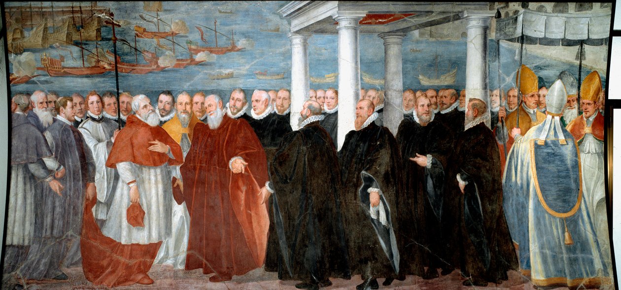 Dogen af ​​gener Giacomo Durazzo Grimaldi (ca. 1503-1579) byder kardinal Giovanni Morone velkommen i havnen i Genes Fresco af Bernardo Castello (1557-1629) Genes fra det 16. århundrede, Museo di Sant 