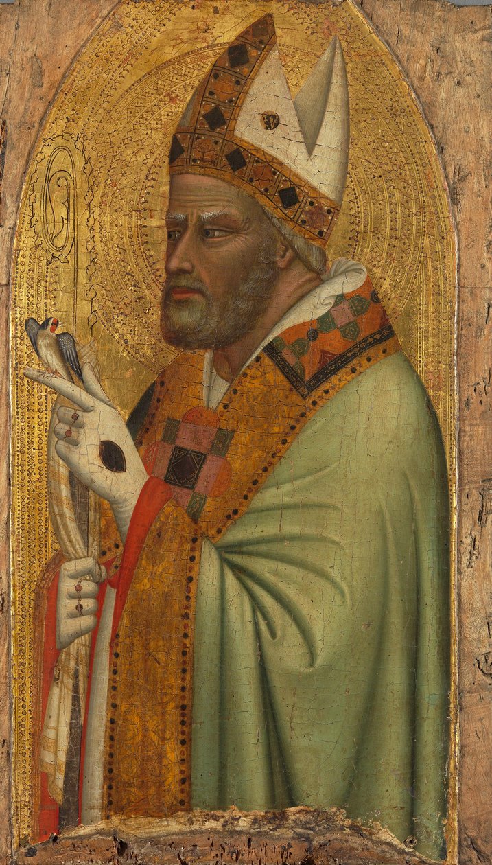 Heiliger Bischof mit einem Stieglitz af Bernardo Daddi