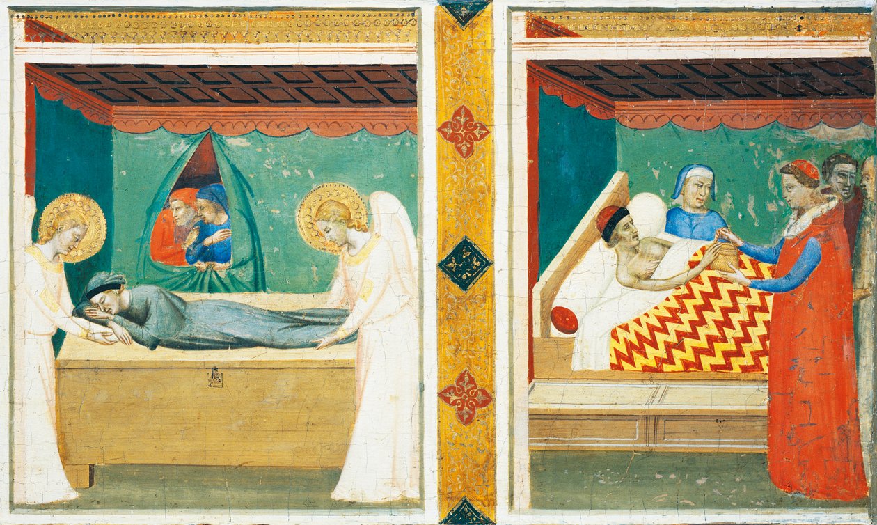Predella of the Sacra Cintola (Sacred Belt), af Bernardo Daddi (1290-1348), Detalje med to fliser af Bernardo Daddi