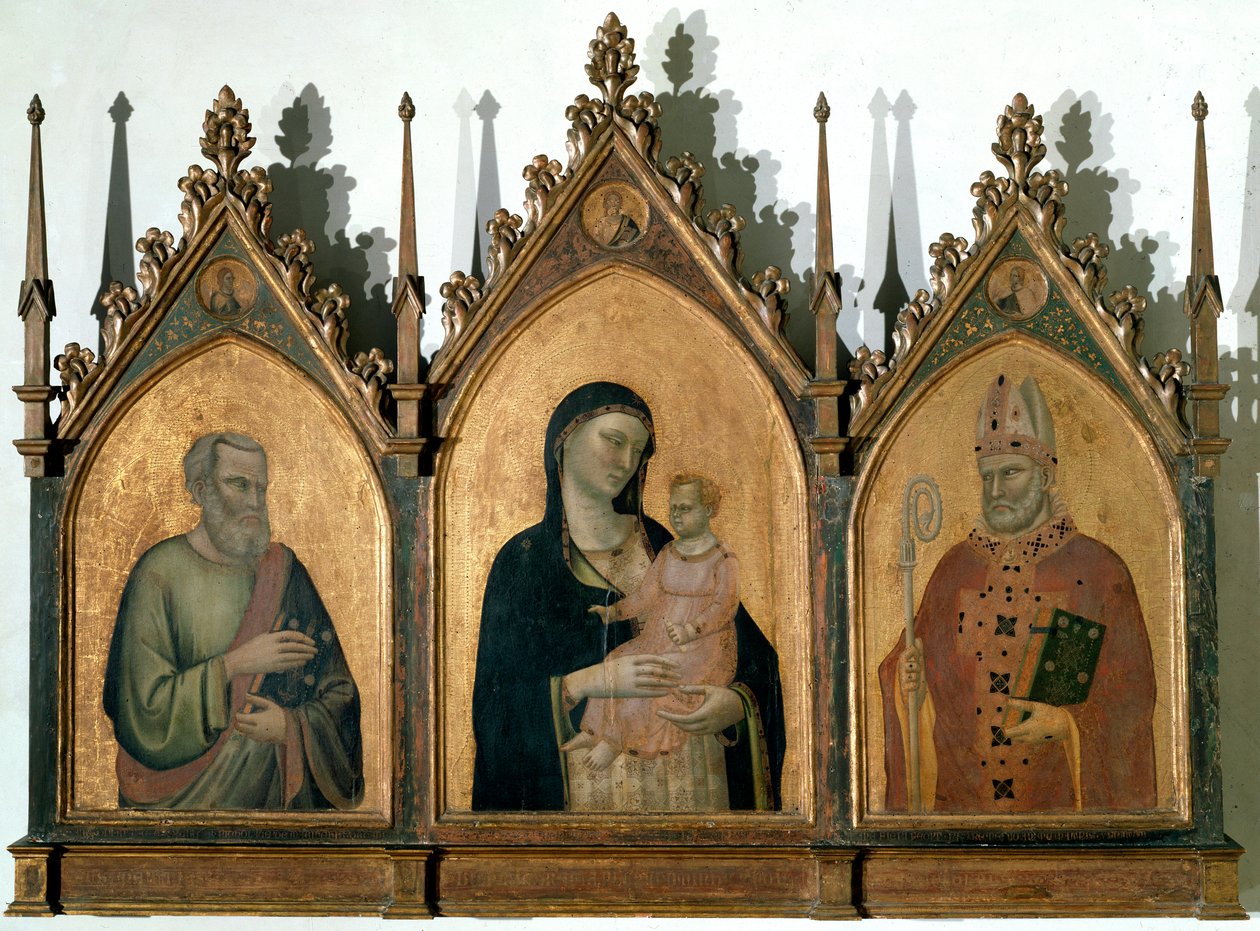 Triptykon af alle hellige eller Madonna med barn mellem St. Matthæus evangelisten og St. Nicholas af Bari - Tempera på panel af Bernardo Daddi