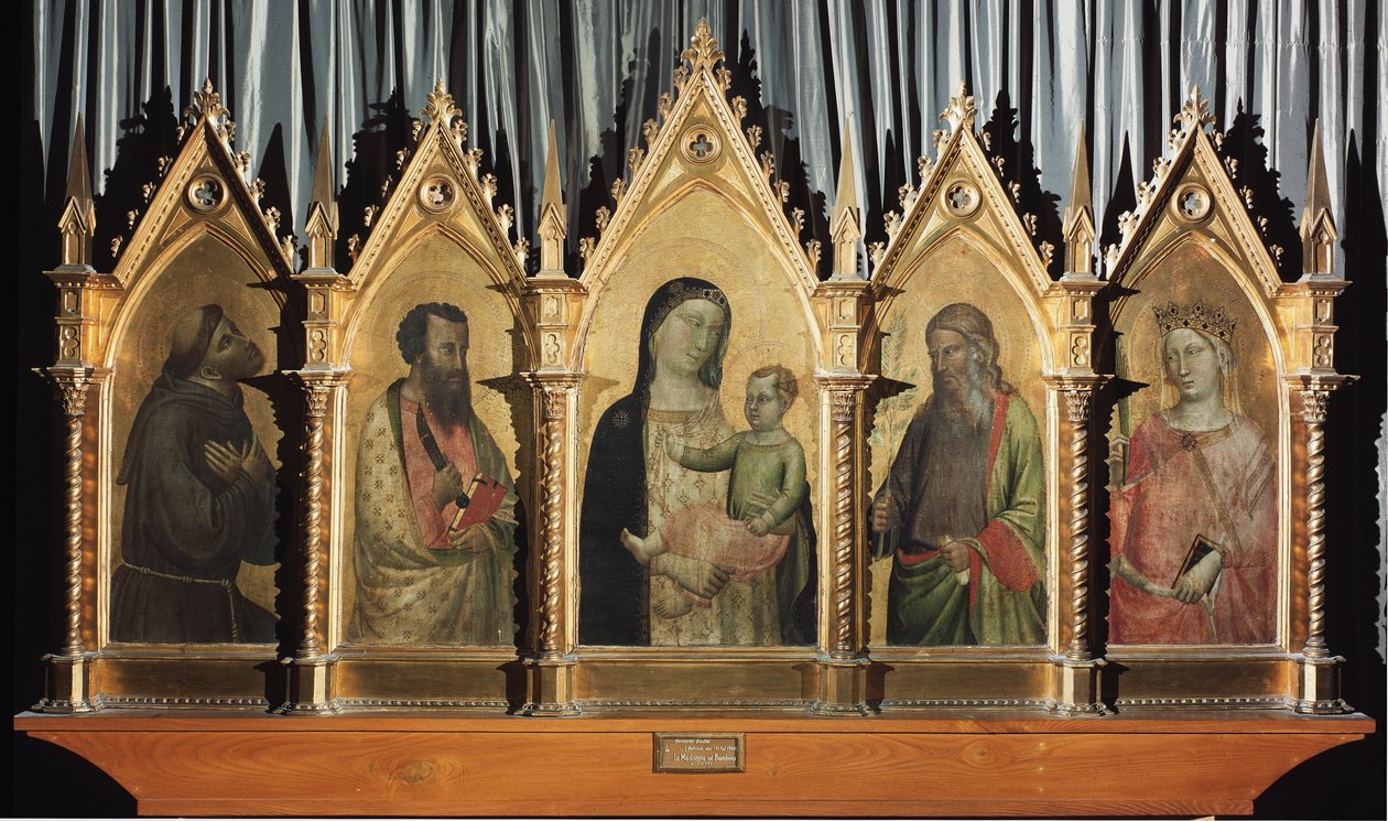Jomfru og barn med de hellige Frans, Bartolomæus, Johannes og Katarina af Alexandria - tempera på panel af Bernardo Daddi