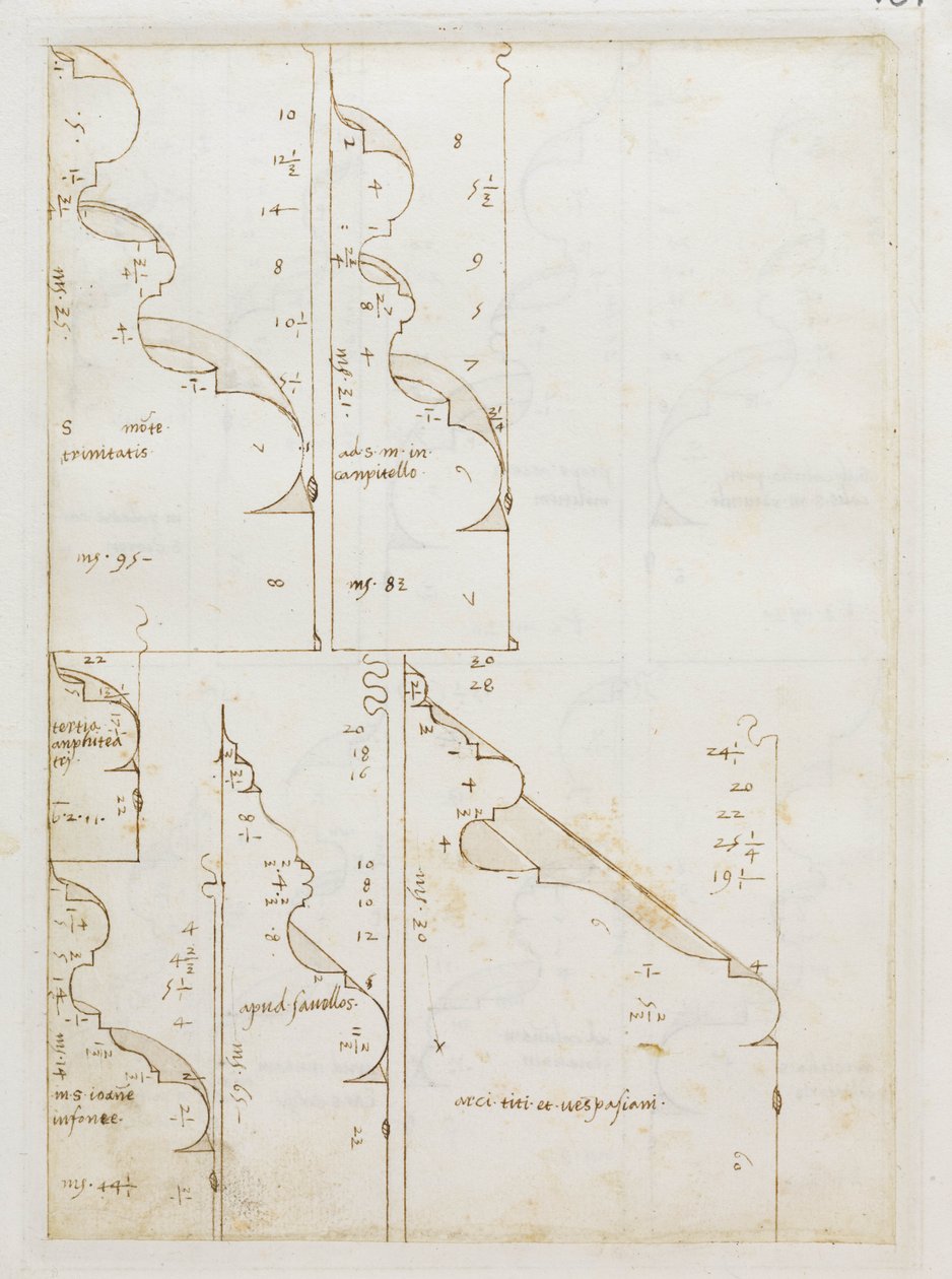 Studier baser for forskellige arkitektoniske monumenter i Rom (blæk på papir) af Bernardo Della Volpaia Bernardo Della Volpaia