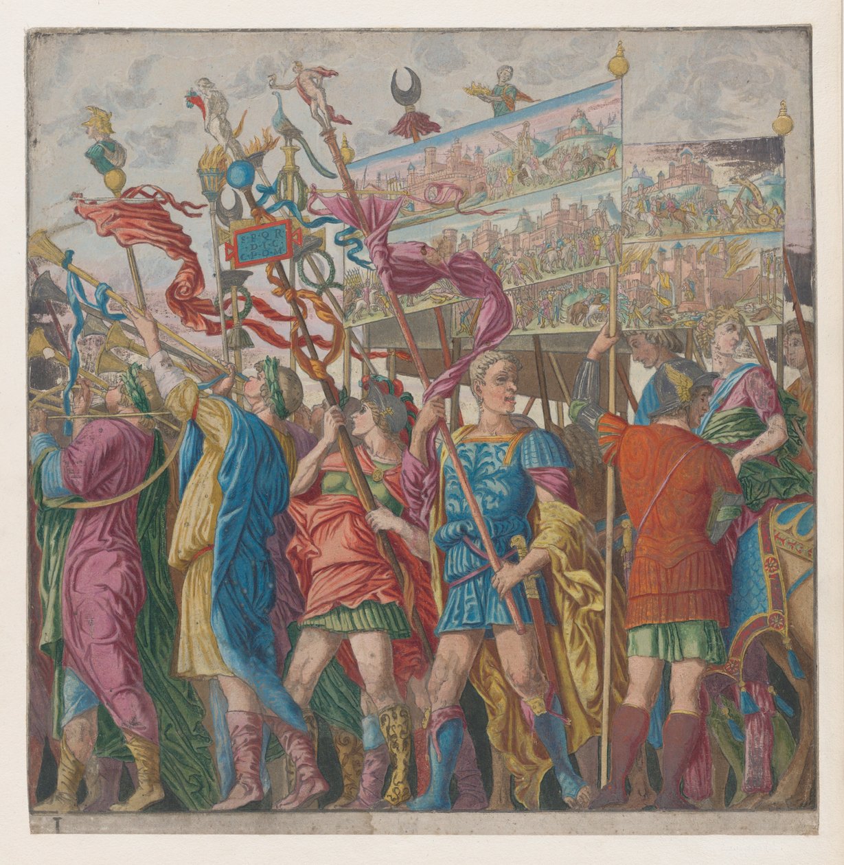 Ark 1: Soldater med bannere, der viser Julius Cæsars triumferende militære bedrifter,..., 1599. af Bernardo Malpizzi