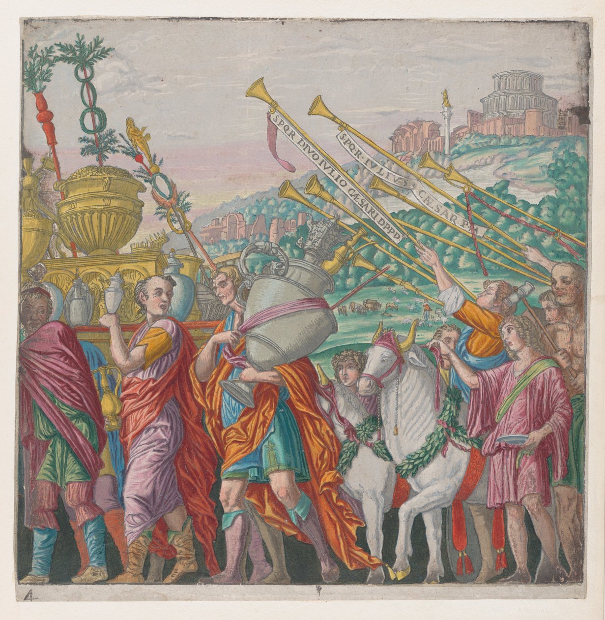 Ark 4: Mænd, der bærer trofæer til venstre, trompetister til højre, fra The Triumph of Julius Ca..., 1599. af Bernardo Malpizzi