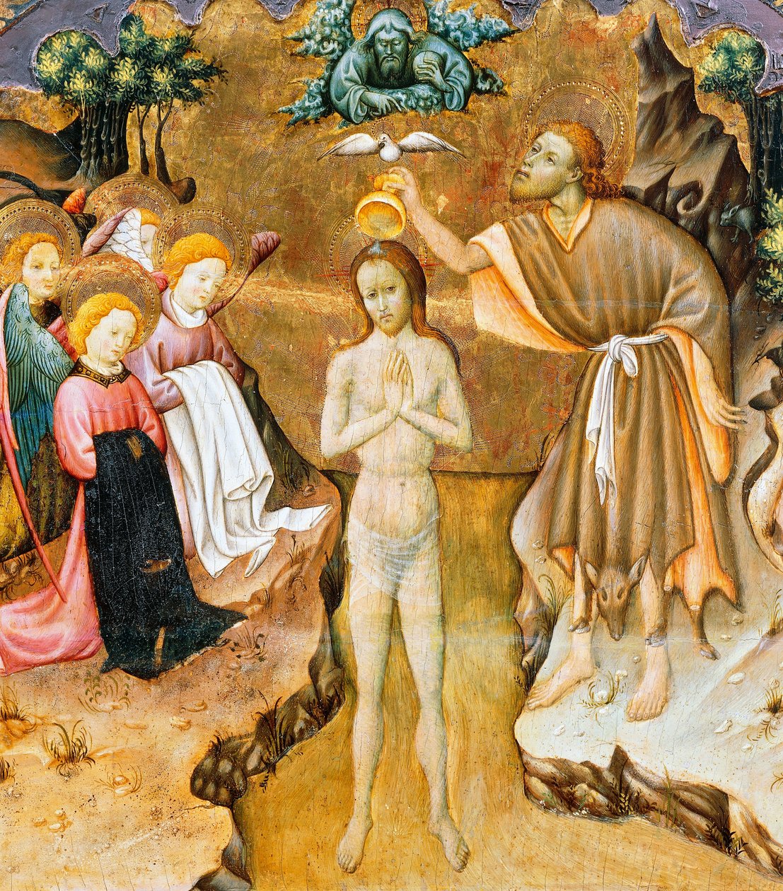 Kristi dåb, detalje fra predellaen af en altertavle fra Vic-katedralen, af Bernat Martorell (ca. 1400-1452), malet på træ. catalansk gotisk kunst. af Bernardo Martorell