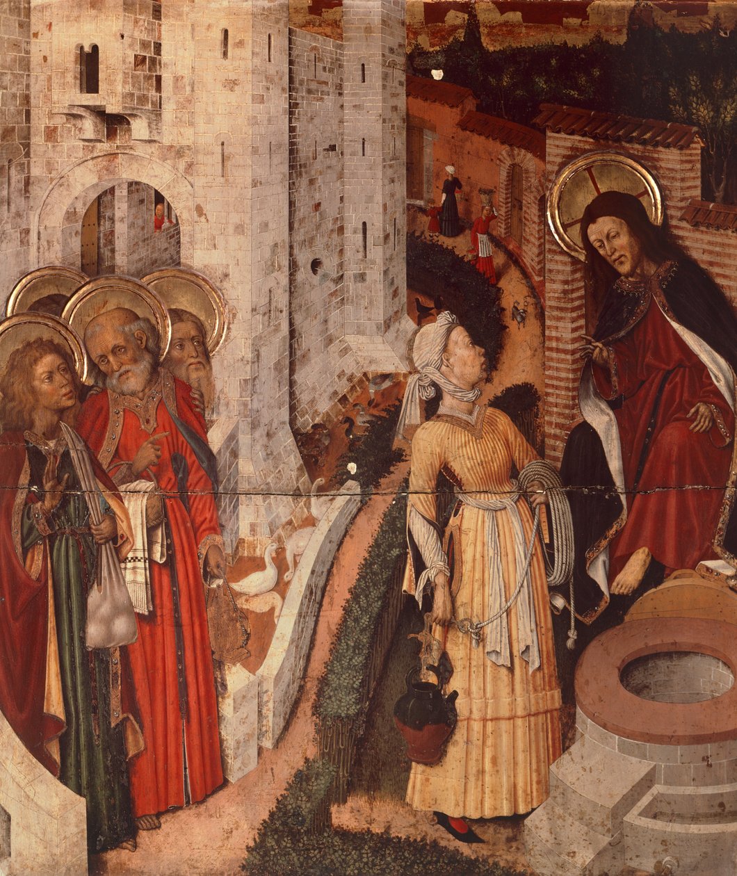 Jesus og samaritansk kvinde, detalje fra Transfiguration Altertavle, ca. 1445 (maleri på træ) af Bernardo Martorell