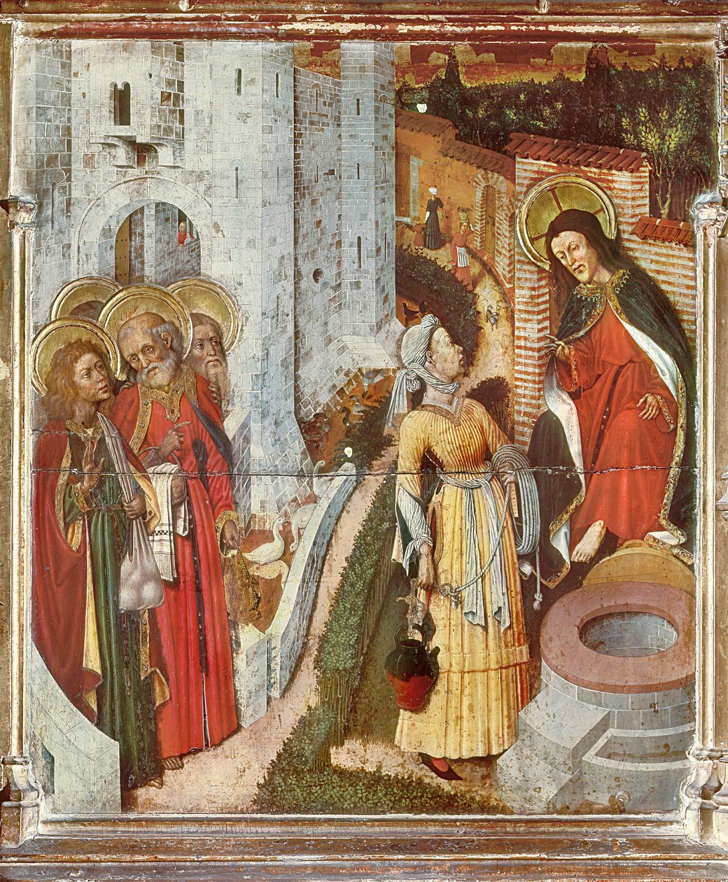 Jesus og samaritansk kvinde, detalje fra Transfiguration Altertavle, ca. 1445 (maleri på træ) af Bernardo Martorell