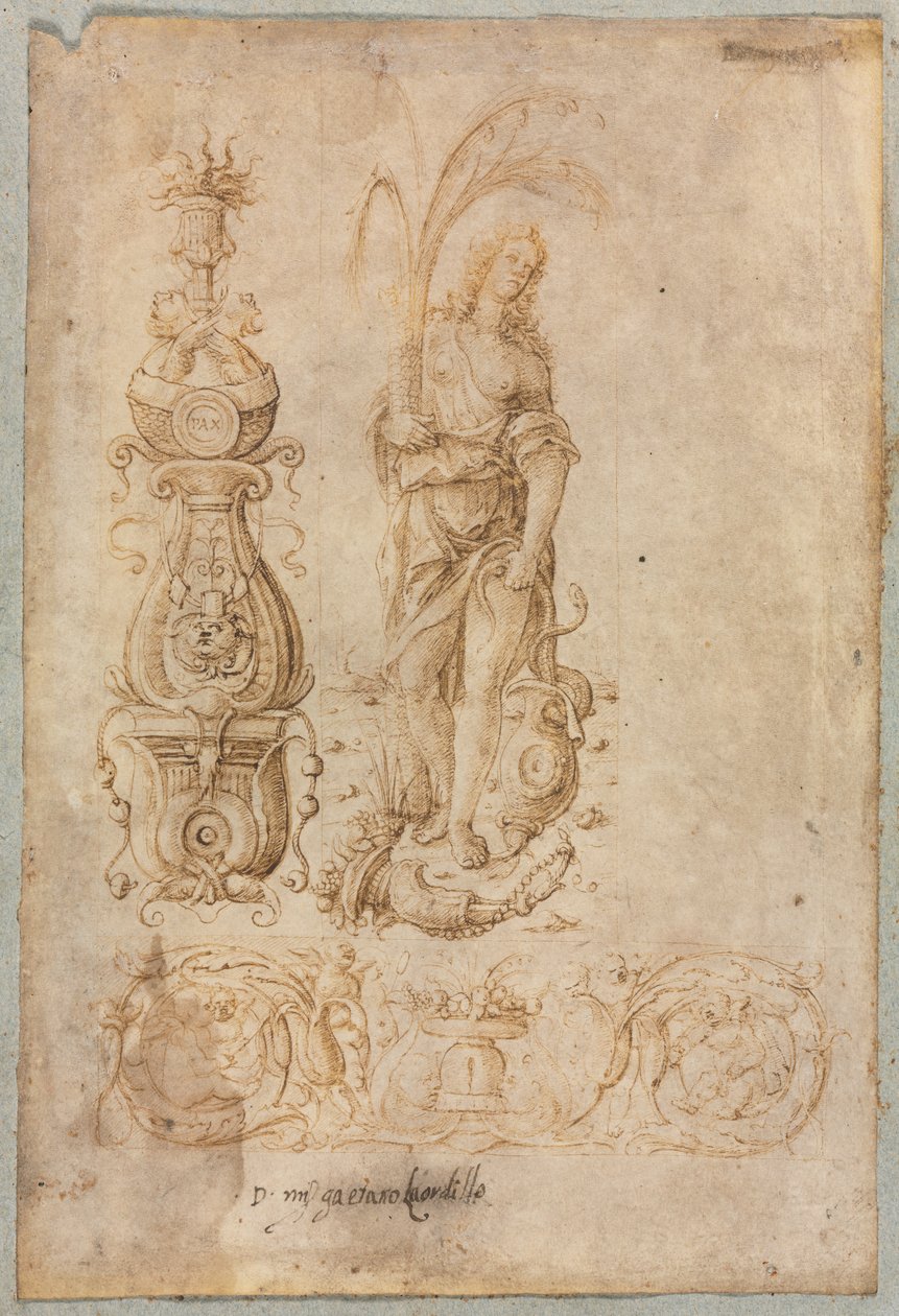 Design til en kandelaber, allegorisk figur af overflod, dekorativt reliefdesign af Bernardo Parentino