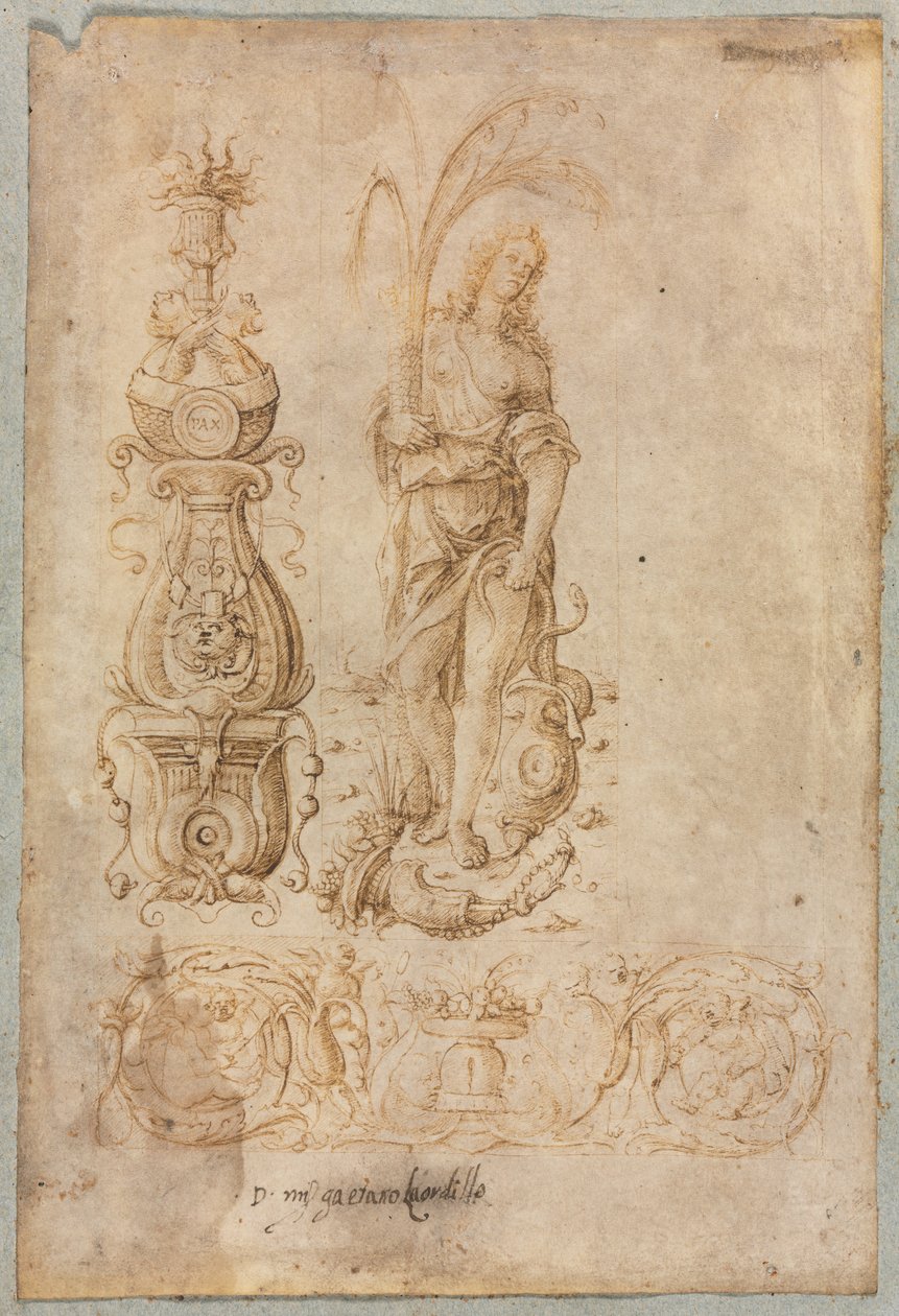 Design til en kandelaber, allegorisk figur af overflod, dekorativt reliefdesign, ca. 1490
