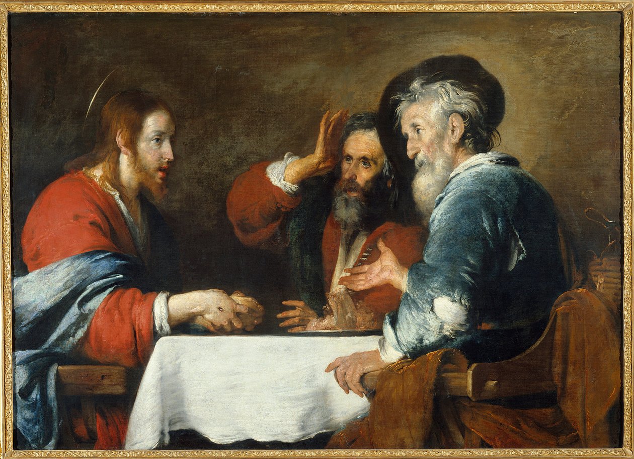 Kristus har Emmaus Kristus viser sig for pilgrimmene, der sidder ved et bord i en kro i Emmaus. Maleri af Bernardo Strozzi (1581-1644) 1640 søn. 1,24x1,72 m Grenoble, Musee des Beaux Arts af Bernardo Strozzi