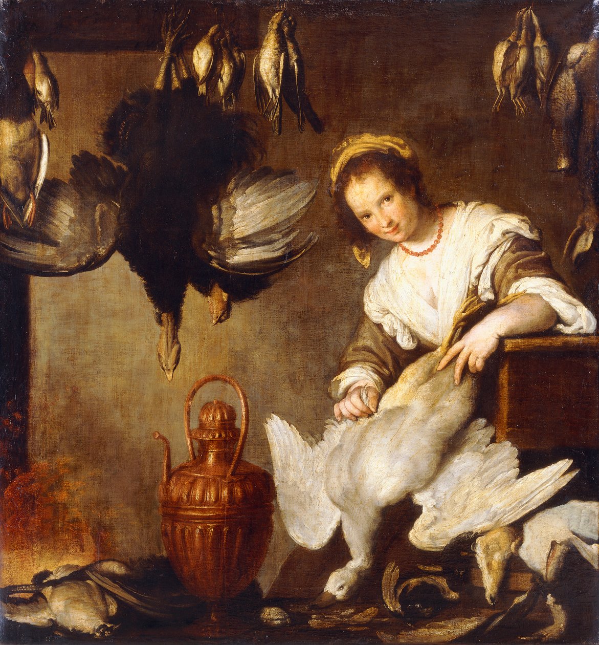 La Cuoca - En køkkenpige, der plukker en gås i et interiør, af Bernardo Strozzi