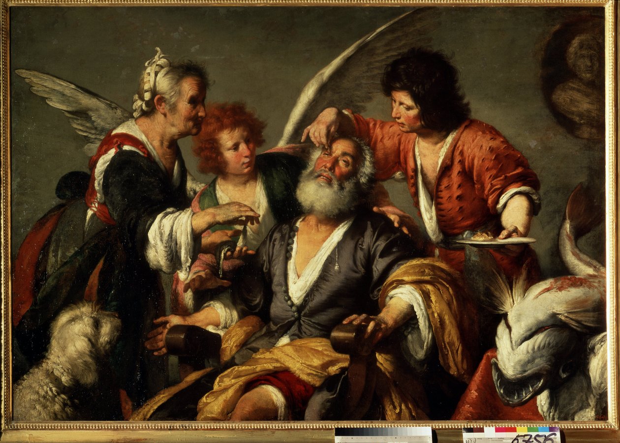 Helbredelsen af ​​Tobit. Efter råd fra ærkeenglen Rafael bruger den unge Tobias galden af ​​en fisk til at genoprette synet for Tobias, hans far. Maleri af Bernardo Strozzi (1581-1644). Olie på lærred af Bernardo Strozzi