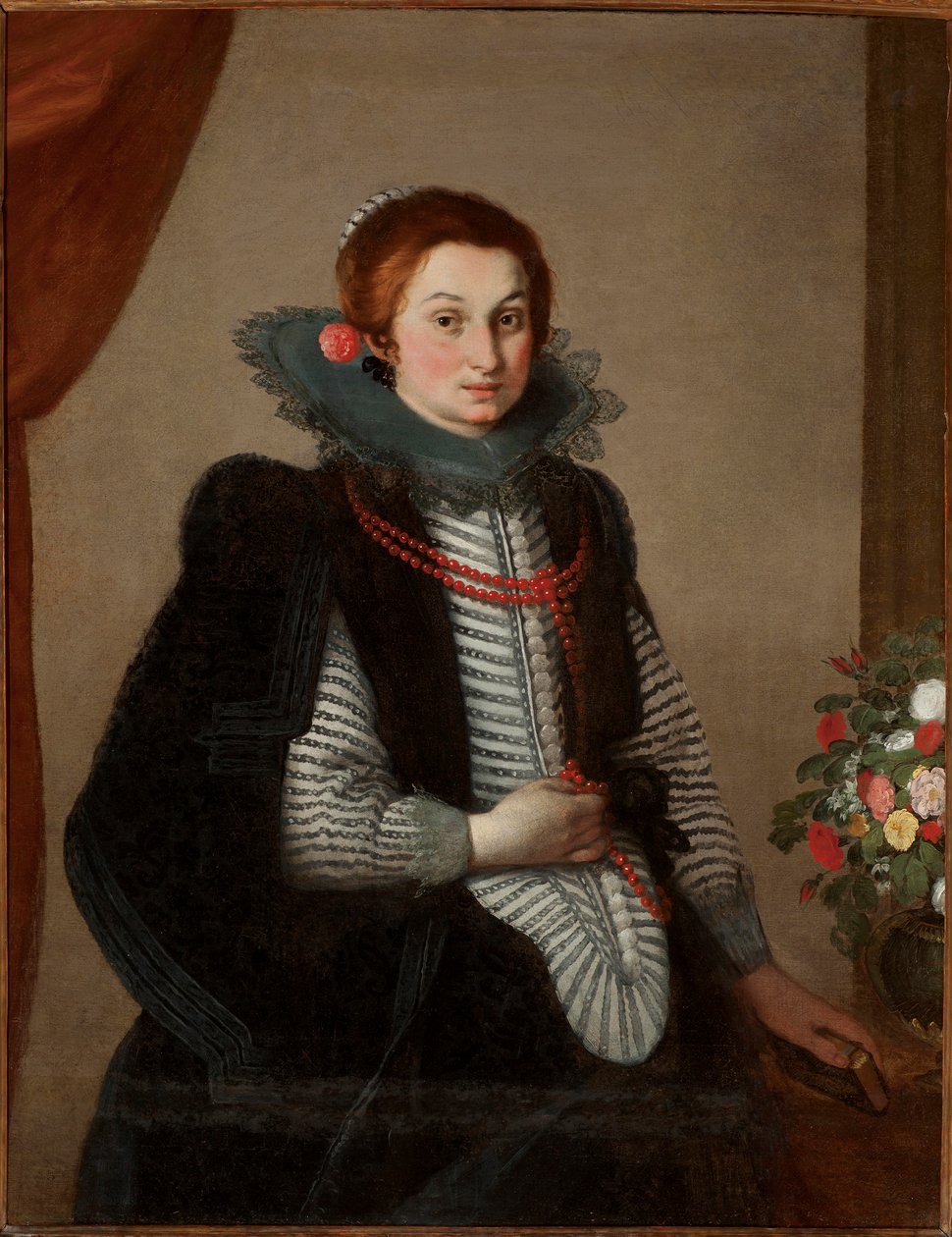 Portræt af ung dame med koral halskæde (olie på lærred) af Bernardo Strozzi