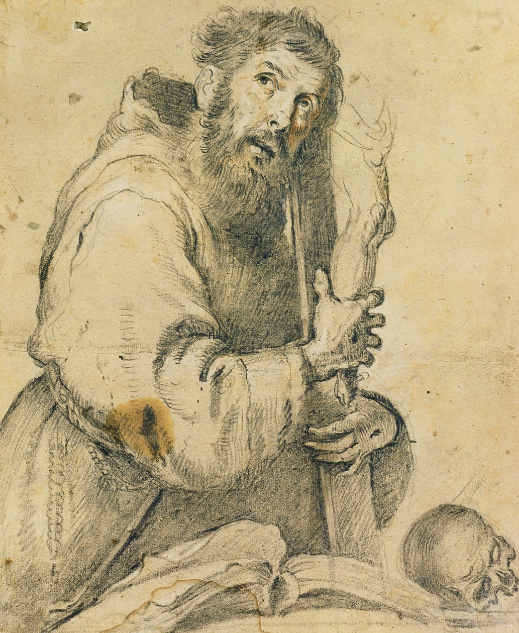 Sankt Frans holder et krucifiks i armene; Saint Francis holder et kors i armene, af Bernardo Strozzi