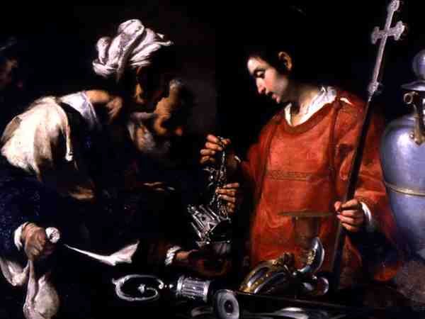 St. Lawrence uddeler sin rigdom til de fattige (olie på lærred) af Bernardo Strozzi