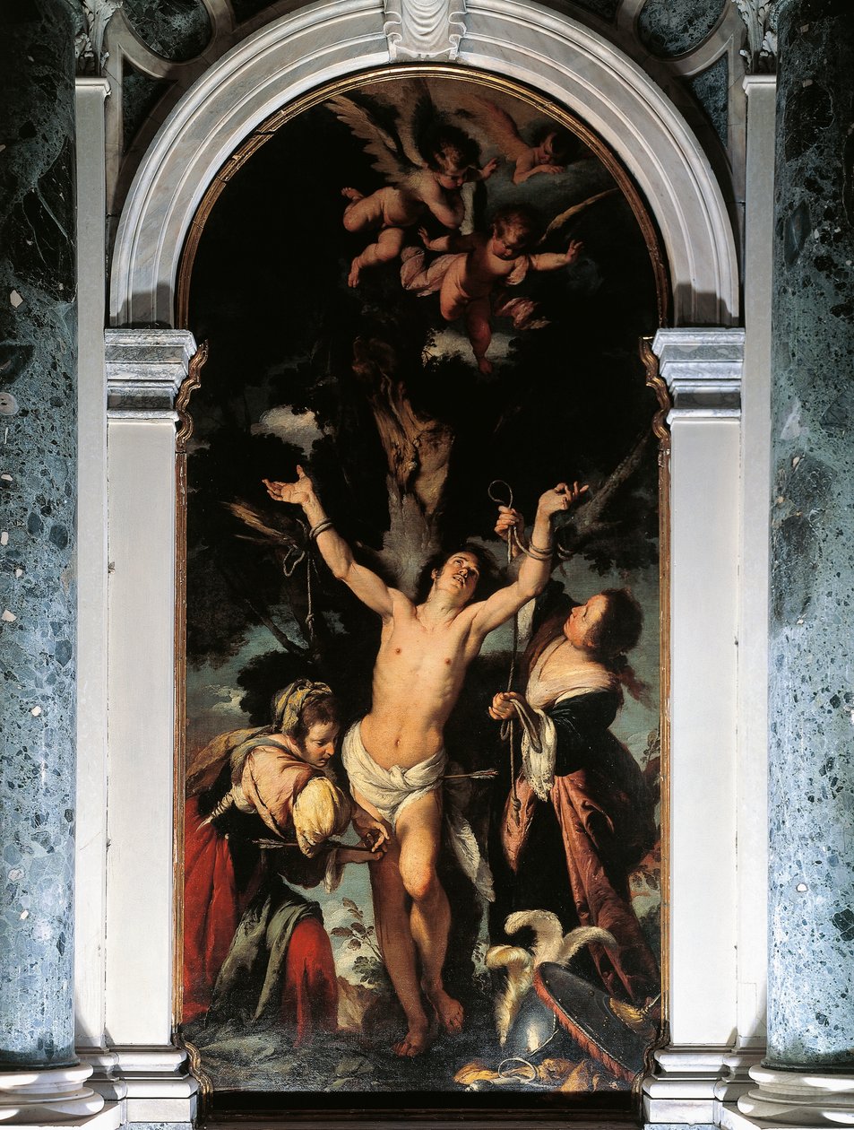 St Sebastian Cured by the Holy Women, af Bernardo Strozzi, olie på lærred af Bernardo Strozzi