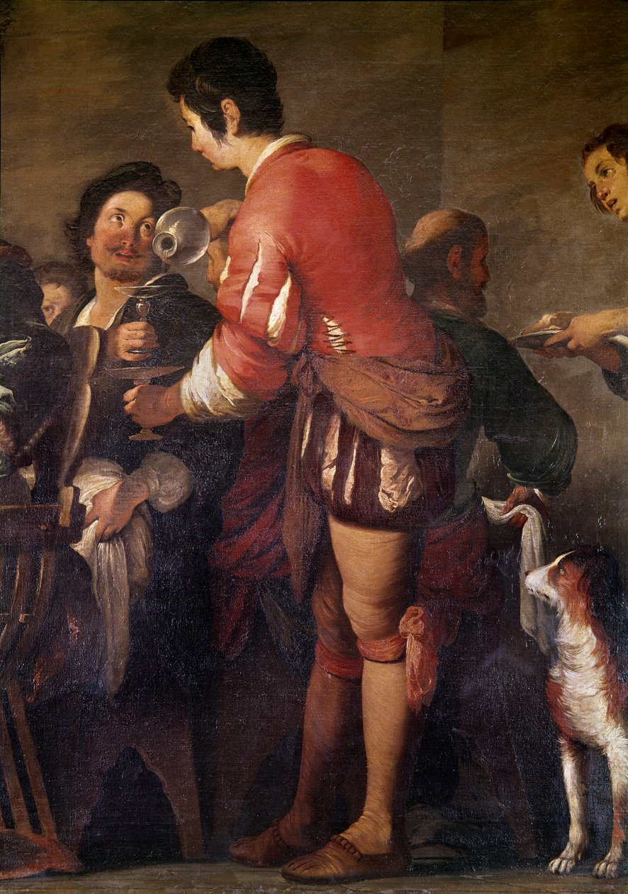 Måltidet i farisæeren Simons hus. Detalje af en tjener, der serverer en drink (olie på lærred af Bernardo Strozzi