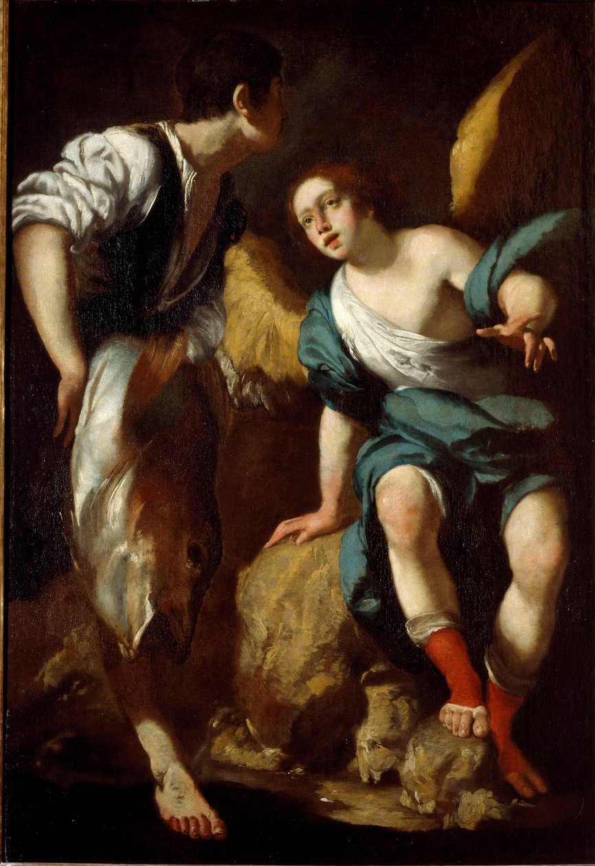 Den unge Tobie og ærkeenglen Raphael (Tobie og englen) Maleri af Bernardo Strozzi (1581-1644) 1600-tallets gener, privat samling af Bernardo Strozzi