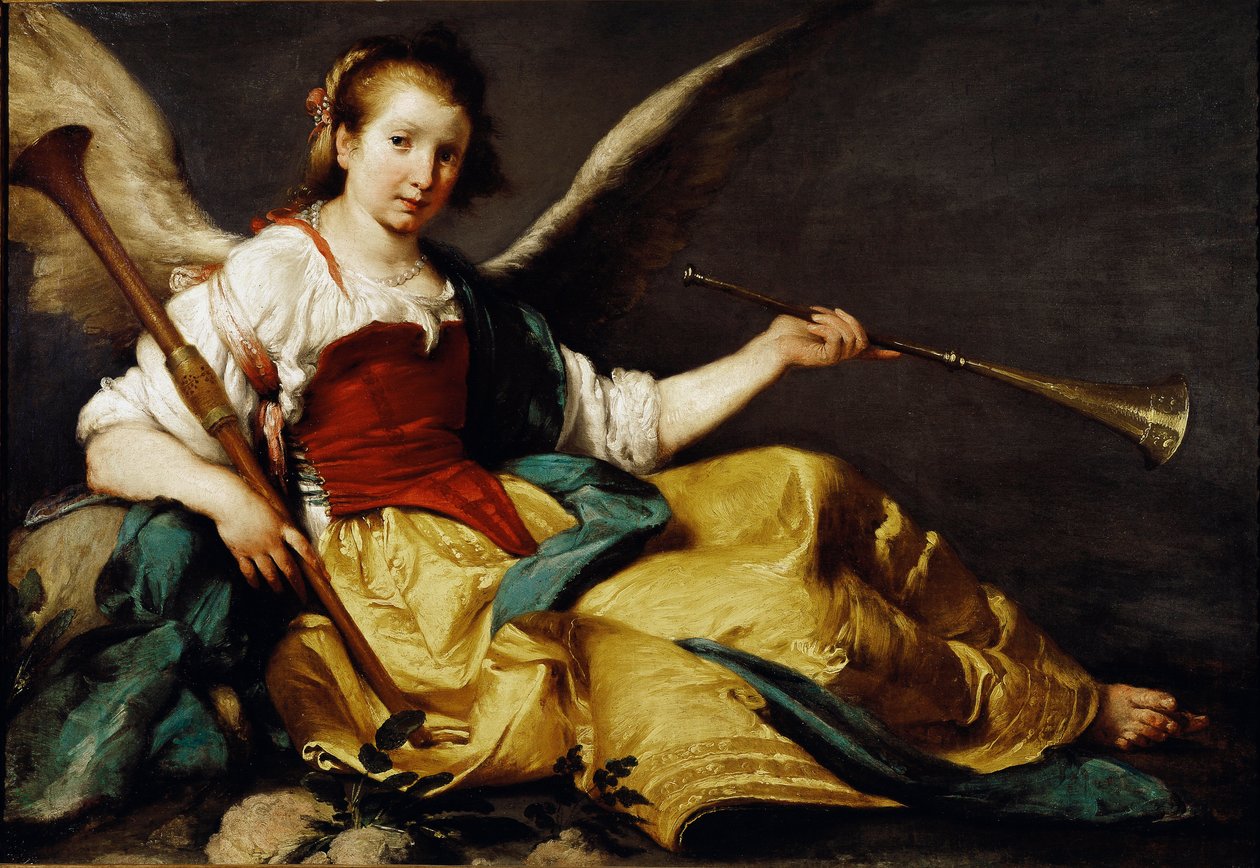 Allegorien om Rename Hun holder en trompet (venstre hånd) og en trækalemie (højre hånd). Maleri af Bernardo Strozzi (ca. 1581-1644). 1535-1536 Dim. 106,7 x 151,7 cm National Gallery, London af Bernardo Strozzi