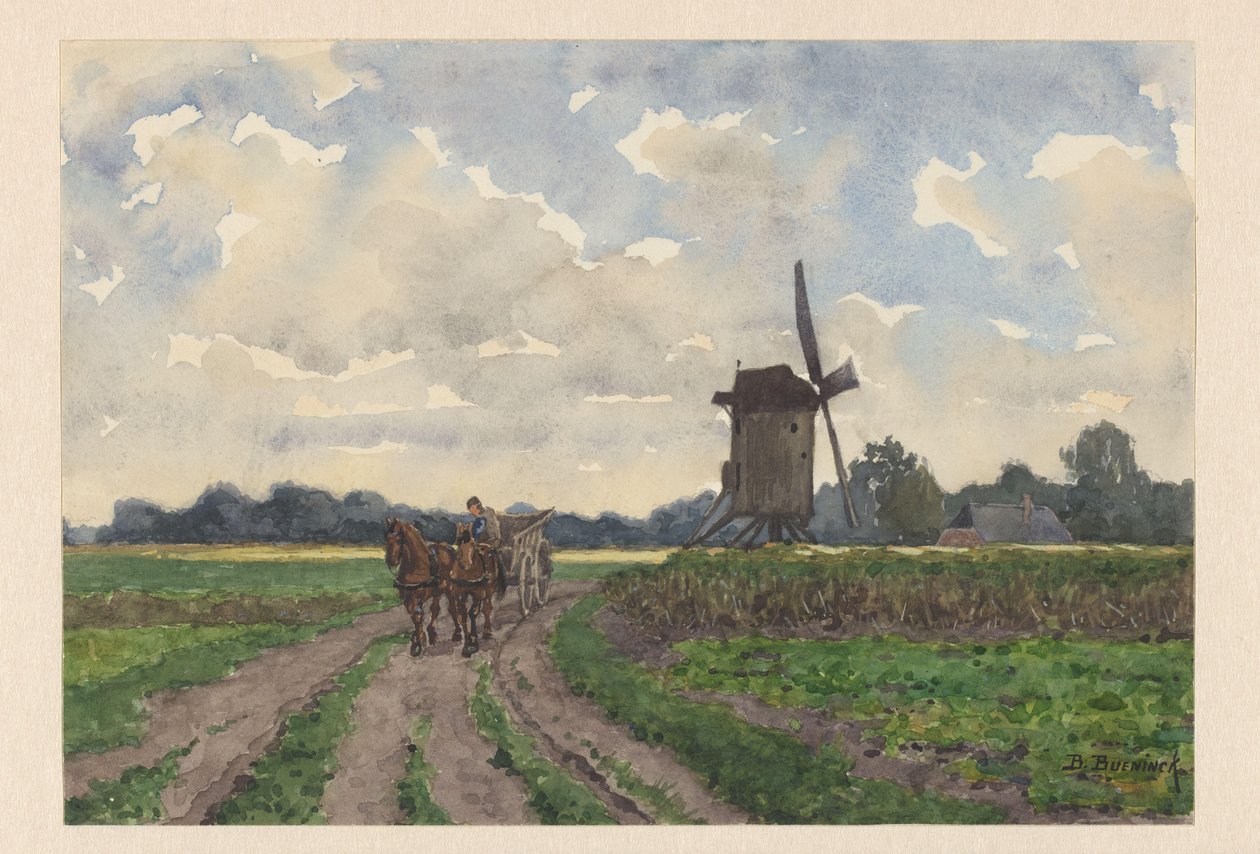 Landskab med mølle og vogn i Vorden af Bernardus Bueninck (signed by artist)