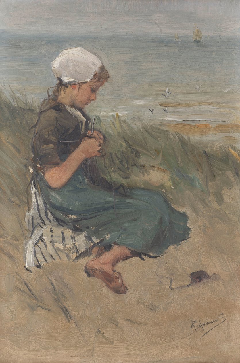 Pige strikker i klitterne af Bernardus Johannes Blommers