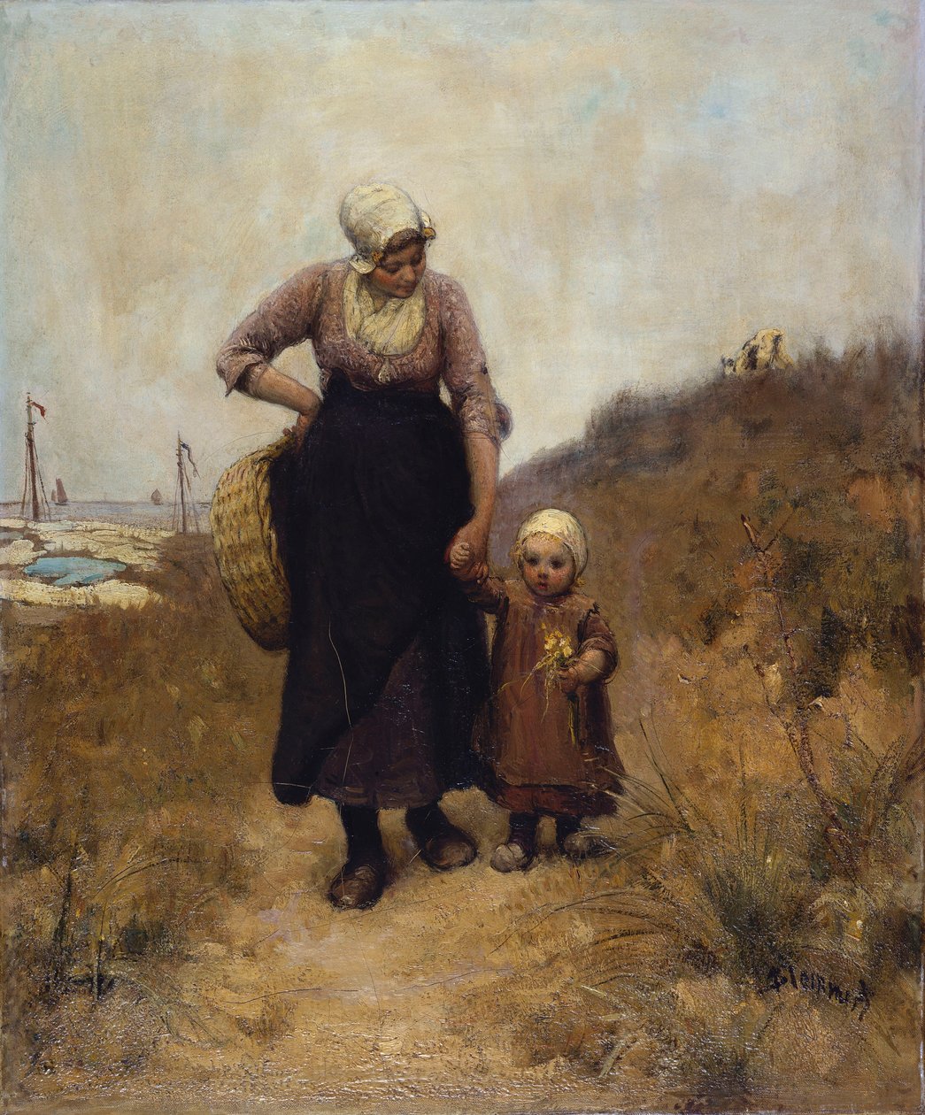 Mor og barn på en sti ved havet af Bernardus Johannes Blommers or Bloomers