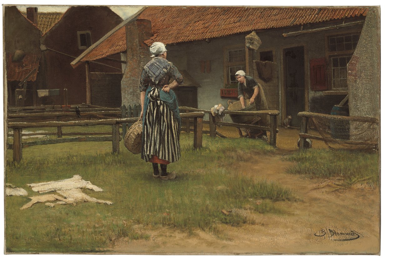 Vaskedag (olie på lærred) af Bernardus Johannes Blommers or Bloomers
