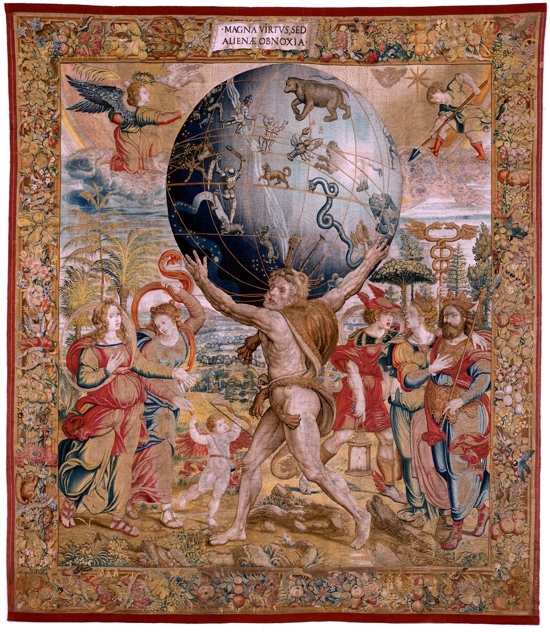 flamsk gobelin. Serien The Spheres. Hercules støtter himmelsfæren (Hércules sostiene la esfera celeste). Første gobelin i serien. Model Barend van Orley eller Pieter Coecke van Aelst. 1525-1530. Fremstilling Joris Vezeleer (Georg Wezeler)?, B af Bernart van (attr. to) Orley