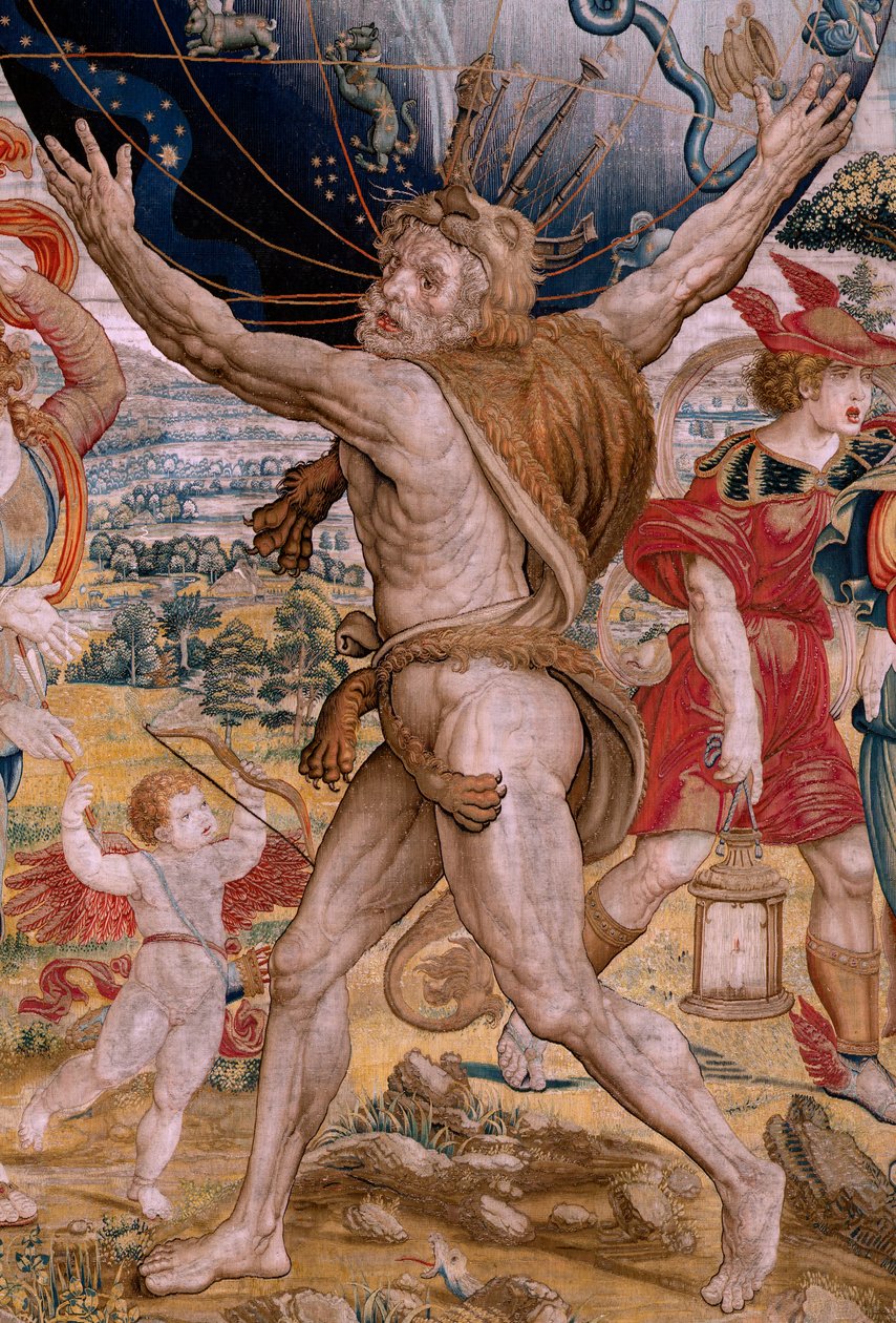 flamsk gobelin. Serien The Spheres. Hercules, der støtter himmelsfæren (Hércules sostiene la esfera celeste). Første gobelin i serien. Model Barend van Orley eller Pieter Coecke van Aelst. 1525-1530. Fremstilling Joris Vezeleer (Georg Wezeler)?, af Bernart van (attr. to) Orley