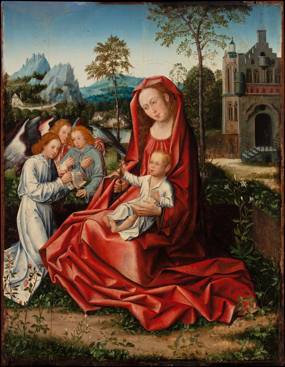 Jomfru og barn med engle, ca. 1530-1550 (olie på panel) af Bernart van (follower of) Orley