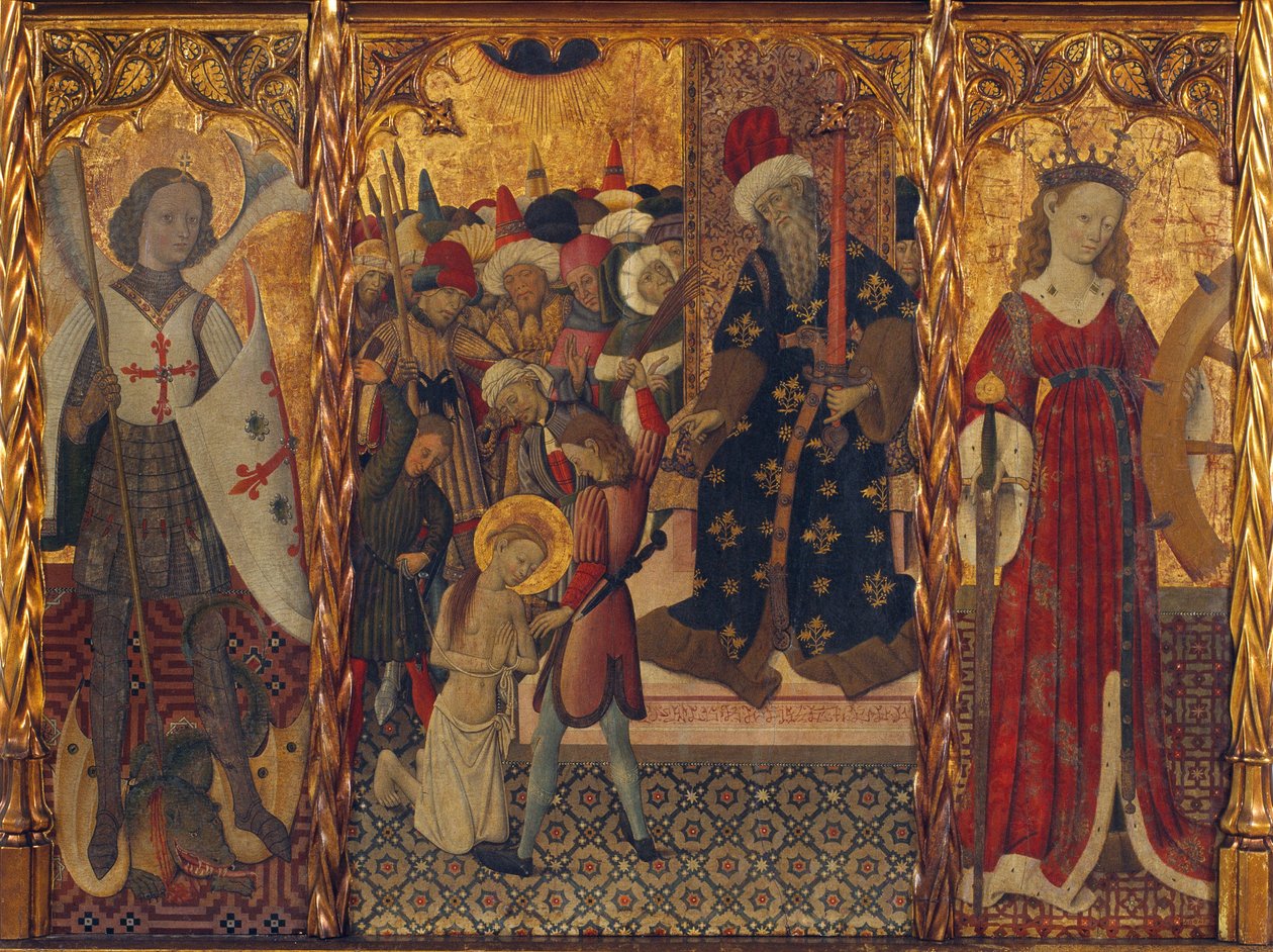 Sankt Michael og Sankt Katarina, indrammer Sankt Eulalia af Barcelonas martyrium (289-304) - Maleri af Bernat Martorell (1390-1452), tempera på træ (143,5x188 cm), omkring 1442-1445 - Sankt Michael, Sankt Martyrium Eulalia og Saint Catherine, Tem af Bernat Martorelli