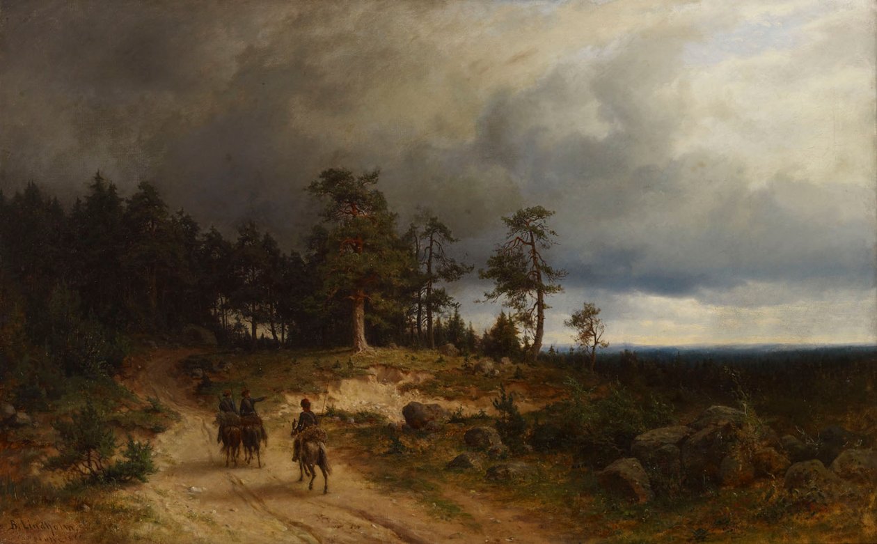 Landskab i det østlige Finland med beridte kosakker af Berndt Lindholm
