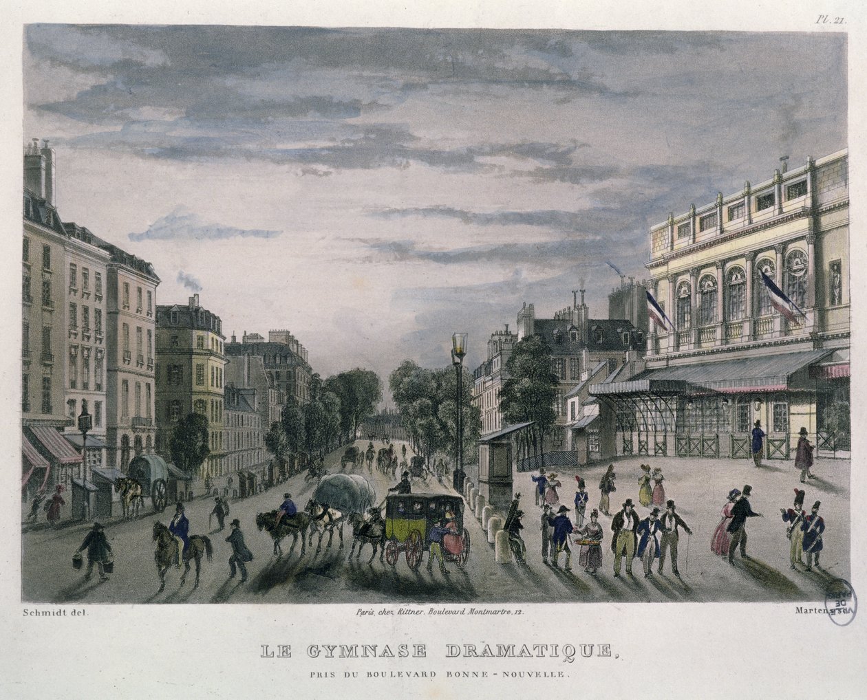 Teatret Gymnase Dramatique, Paris, 1832 (farvegravering) af Bernhard Schmidt
