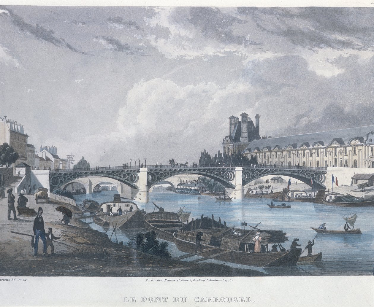 Pont du Carrousel, 1832 (farvegravering) af Bernhard Schmidt