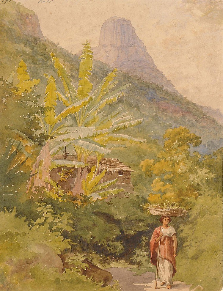 En brasiliansk kvinde, der bærer en kurv med frugt på hovedet, med Sugar Loaf ud over af Bernhard Wiegandt