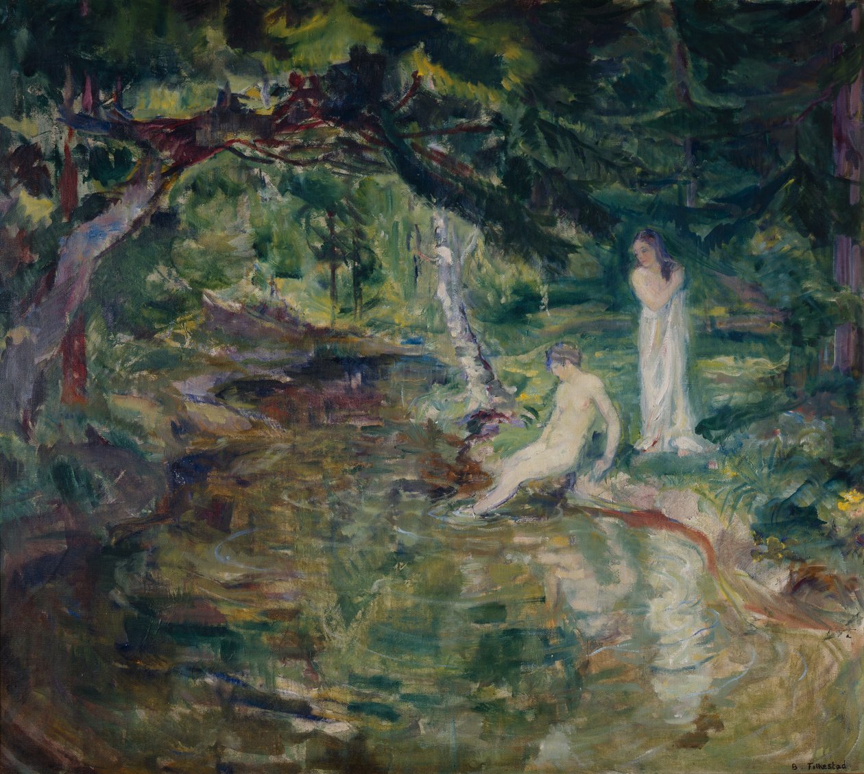 Par bader i skoven (olie på lærred) af Bernhard Dorotheus Folkestad