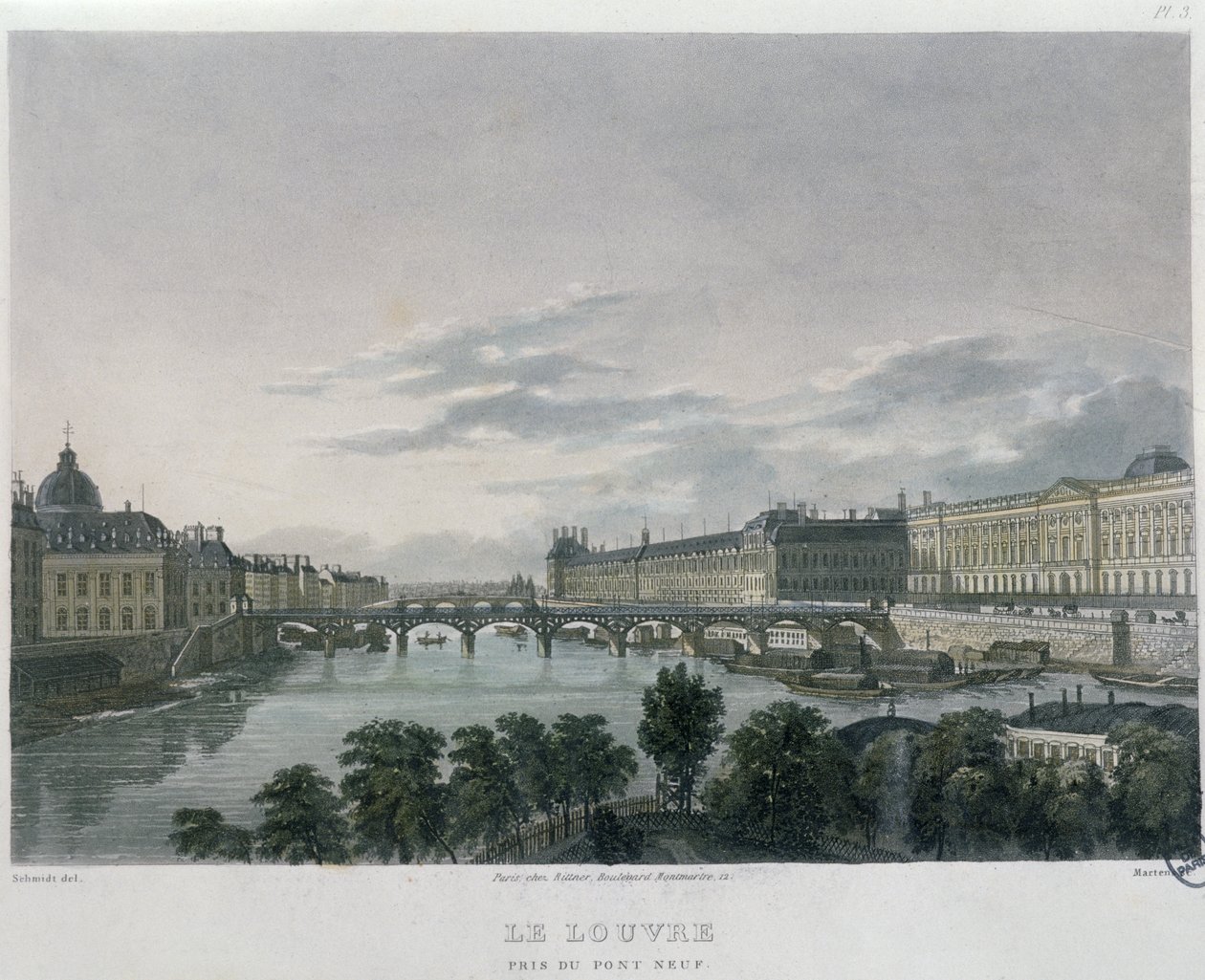 Pont eller Passerelle des Arts, Paris, 1832 (farvegravering) af Bernhard Schmidt