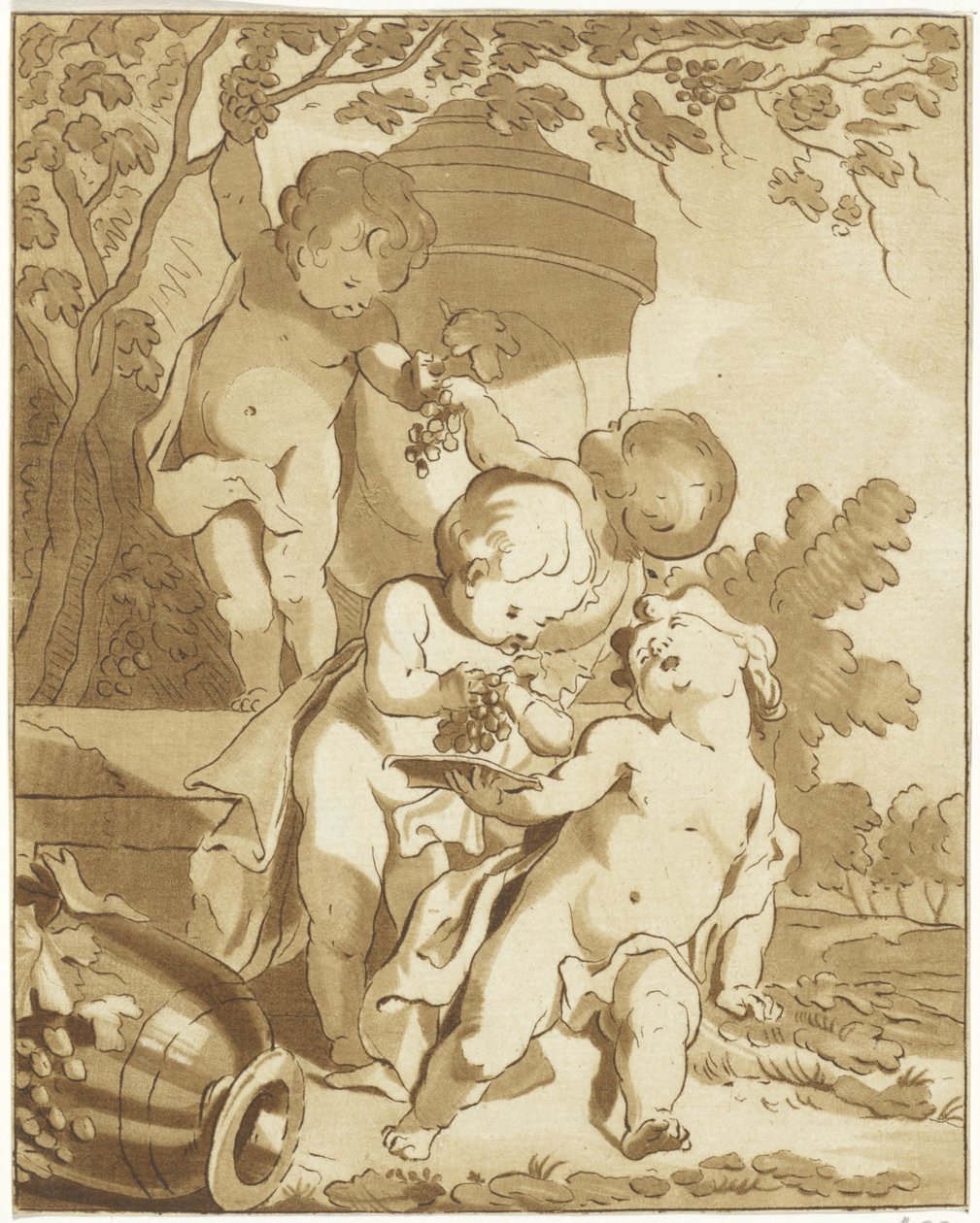 Fire putti, der plukker druer ved en vase af Bernhard Schreuder