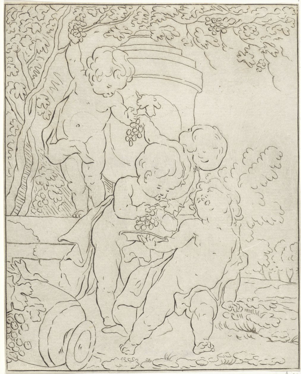 Fire putti, der plukker druer ved en vase af Bernhard Schreuder