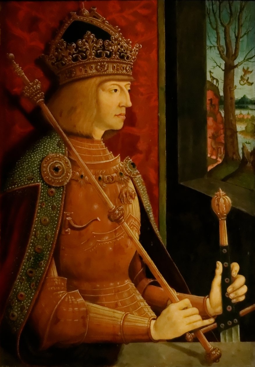 Kejser Maximilian I 1459-1519, med krone, scepter og sværd, ca. 1500 af Bernhard Strigel