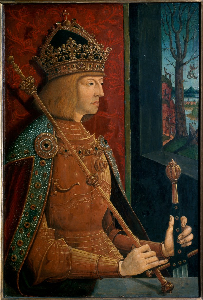 Kejser Maximilian I, med krone, scepter og sværd af Bernhard Strigel