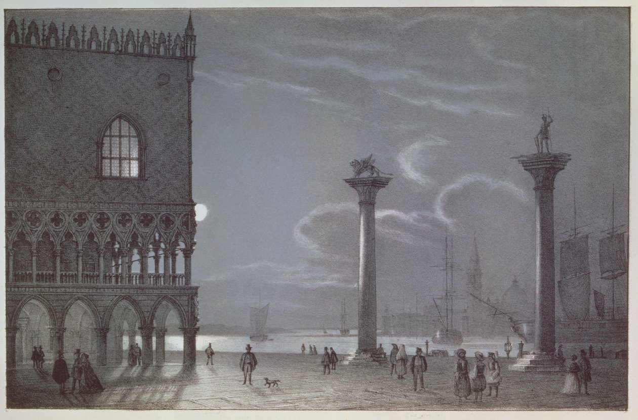 Natscene af Palazzo Ducale og de to søjler, Venedig, indgraveret af Brizeghel af Berselli