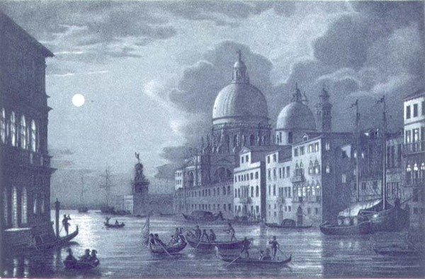 Natscene af Canal Grande og Santa Maria della Salute, Venedig, indgraveret af Brizeghel (litho) af Berselli (after)