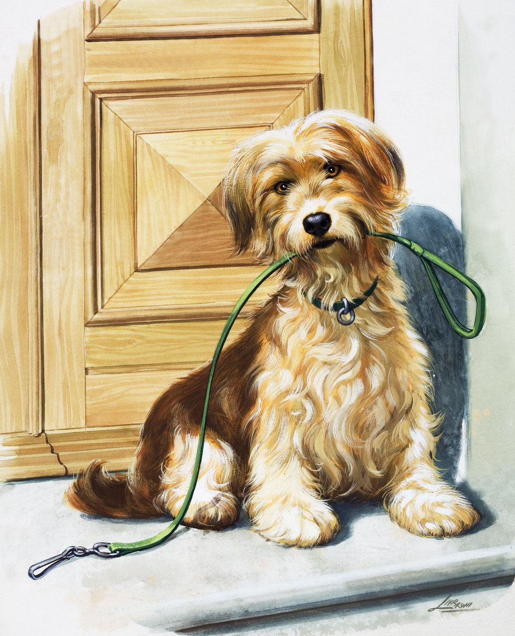Hund med snor i munden (gouache på papir) af Bert Illoss