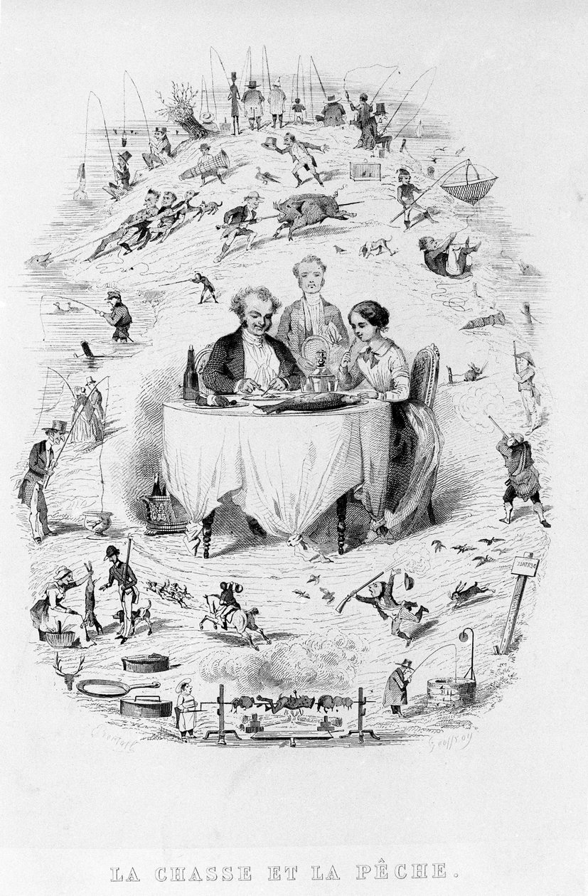 Jagt og fiskeri: et par på restauranten foran et fad med fisk og kød, rundt omkring er afbildet de forskellige måder at jage og fiske på. The Physiology of the Gout of Brillat - Savarin illustreret af Bertall. Paris 1840. Jean Anthelme Brilla af Bertall