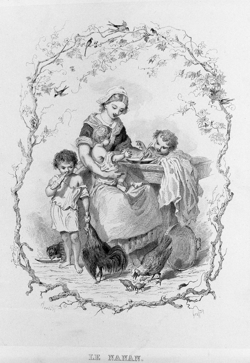 Nanan: en ung mor giver mad til sine tre børn i "La Physiologie du Gout"" af Brillat - Savarin illustreret af Bertal. Paris 1840. Jean Anthelme Brillat Savarin (Brillat-Savarin) (1755-1826) fransk gastronom. af Bertall