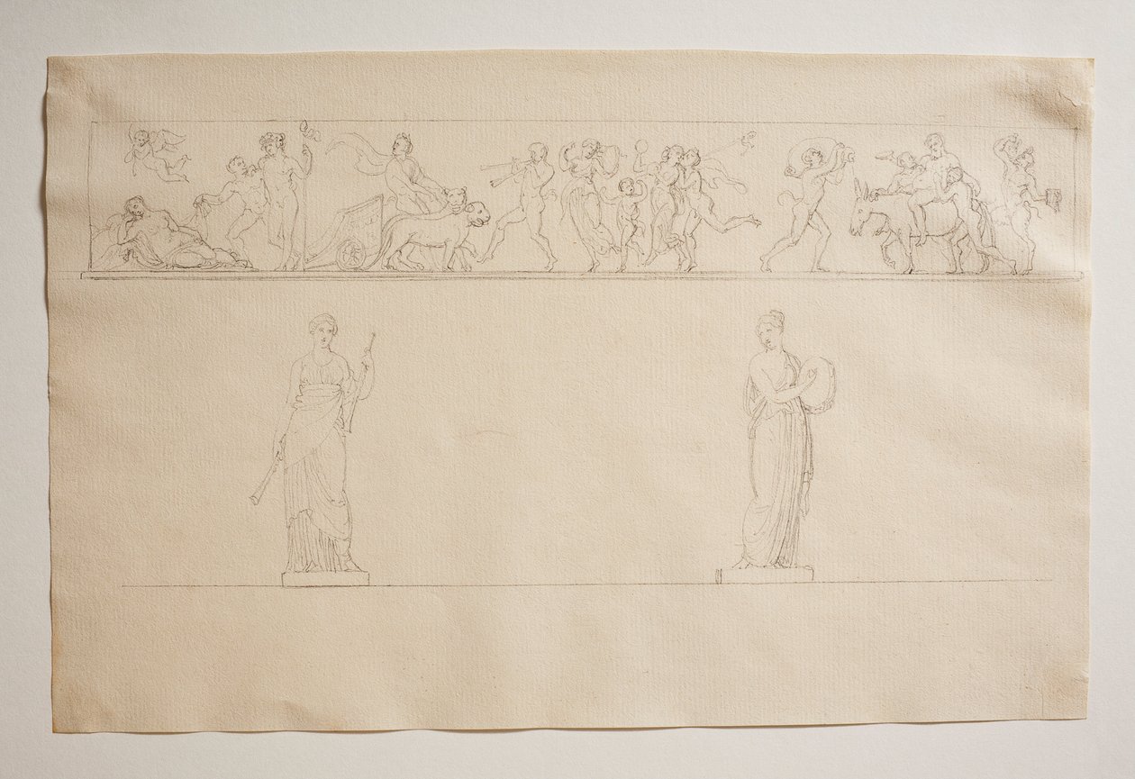 Bacchantal Procession med Bacchus og Ariadne. To musestatuer af Bertel Thorvaldsen