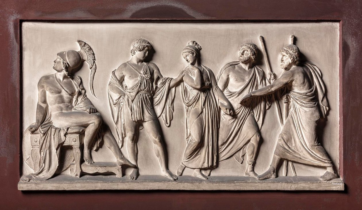 Briseis føres bort fra Achilles af Agamemnons budbringere af Bertel Thorvaldsen