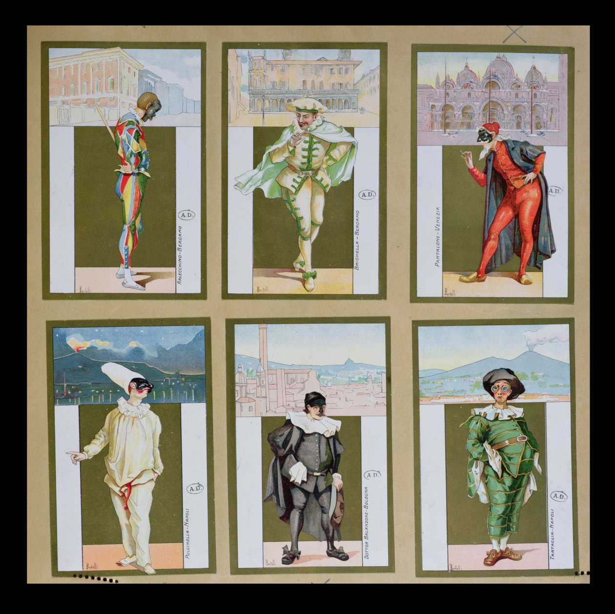 Sæt på seks vignetter, der forestiller karakterer fra Commedia dellArte, ca. 1900 af Bertelli